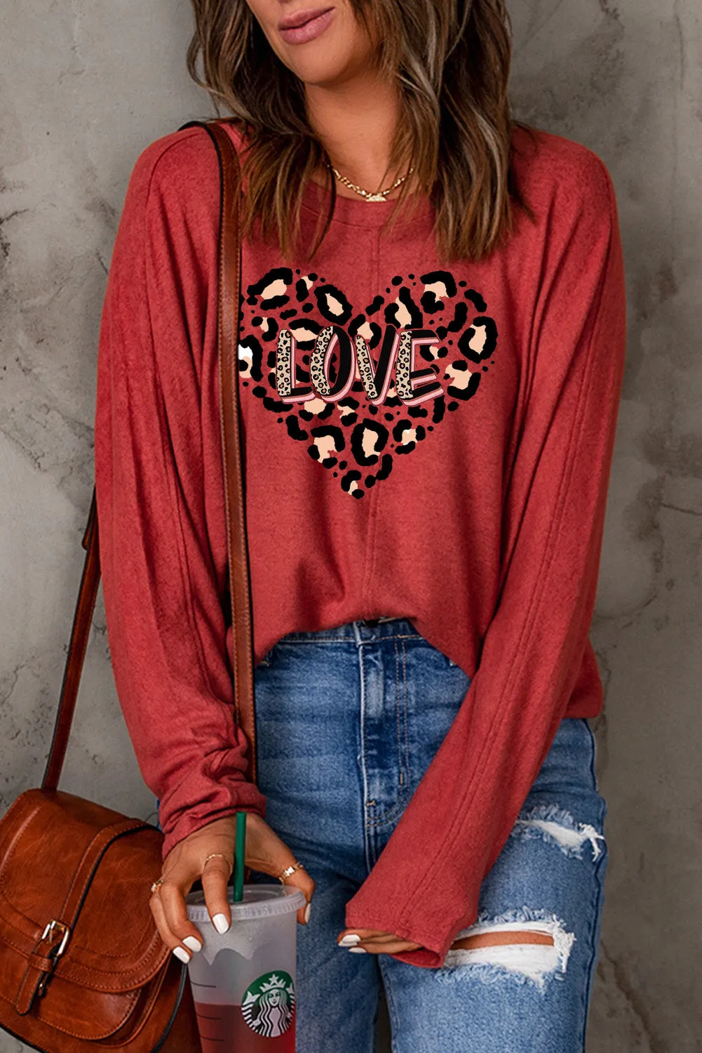 Leopard Heart LOVE Graphic Patchwork Long Sleeve Knit Top