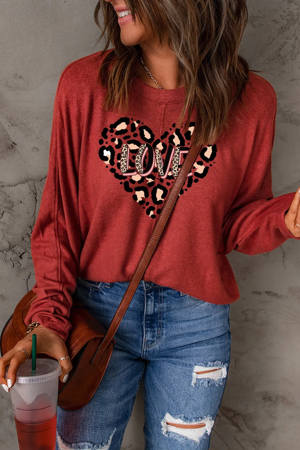 Leopard Heart LOVE Graphic Patchwork Long Sleeve Knit Top