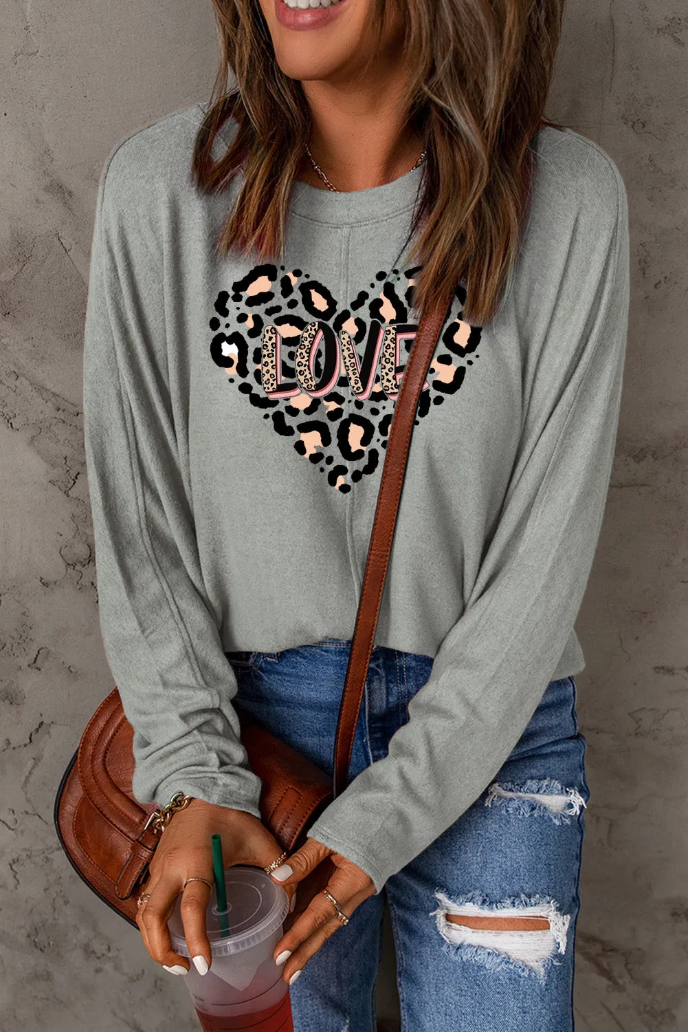 Leopard Heart LOVE Graphic Patchwork Long Sleeve Knit Top