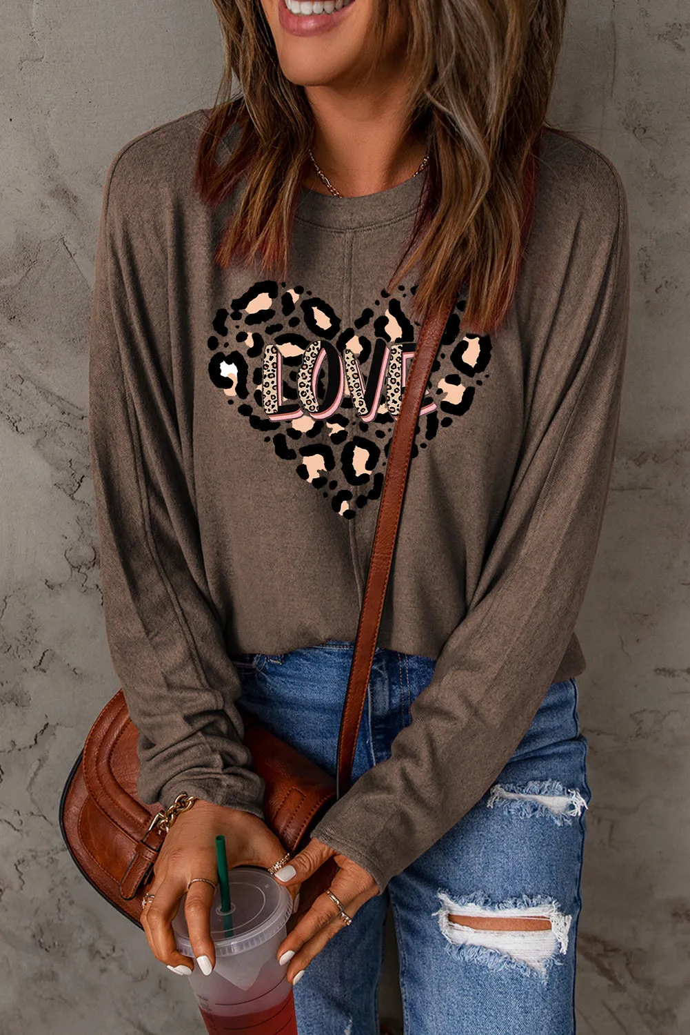 Leopard Heart LOVE Graphic Patchwork Long Sleeve Knit Top