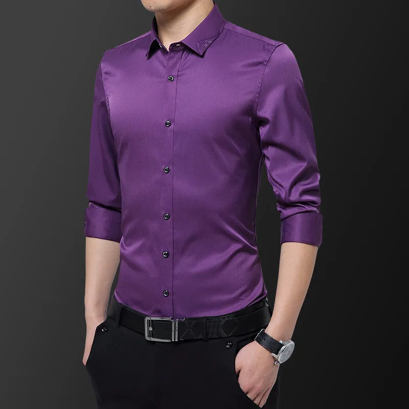 Long Sleeved Shirt Men Trendy Casual Korean Slim Look Stylish Solid Colored Men Shirt