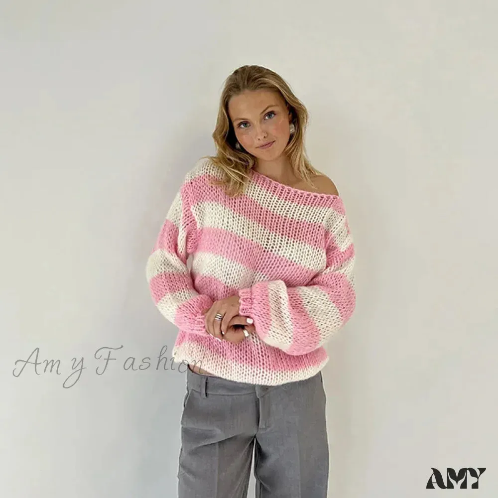 Loose Striped Knitted Women's Y2k Crochet Ruched Boat Neck Long Sleeve Stylish Trendy Cozy Chic Sweater