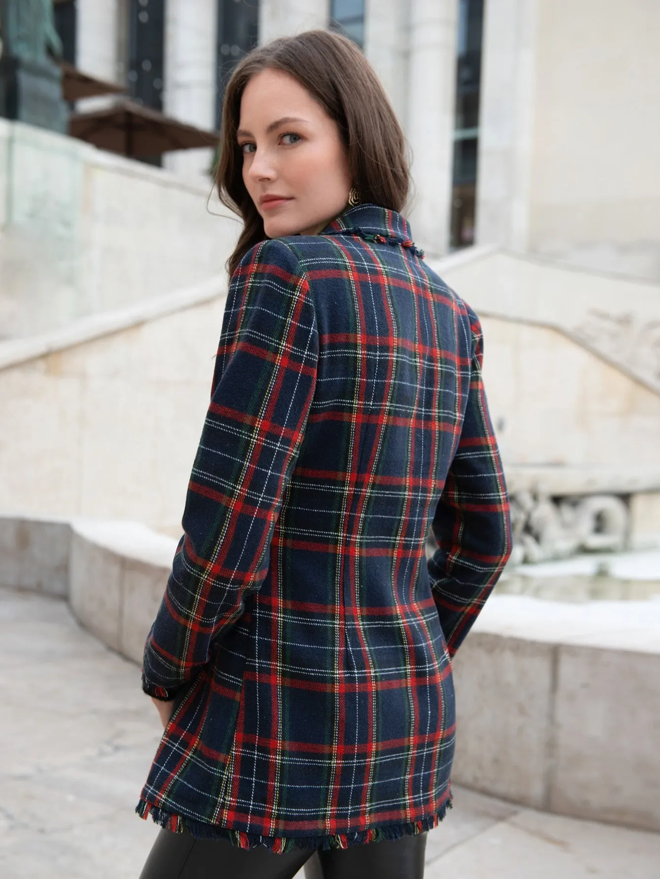 LUNE Lapel Collar Fringe Trim Tartan Blazer