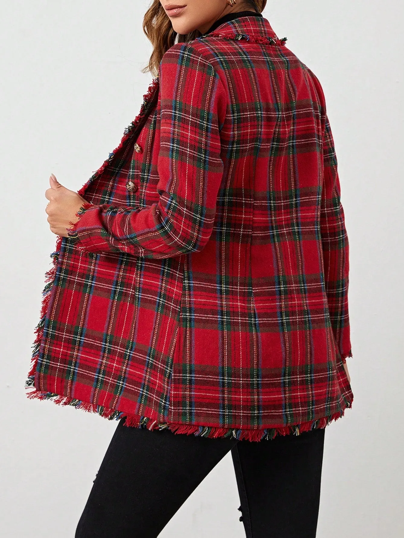 LUNE Lapel Collar Fringe Trim Tartan Blazer