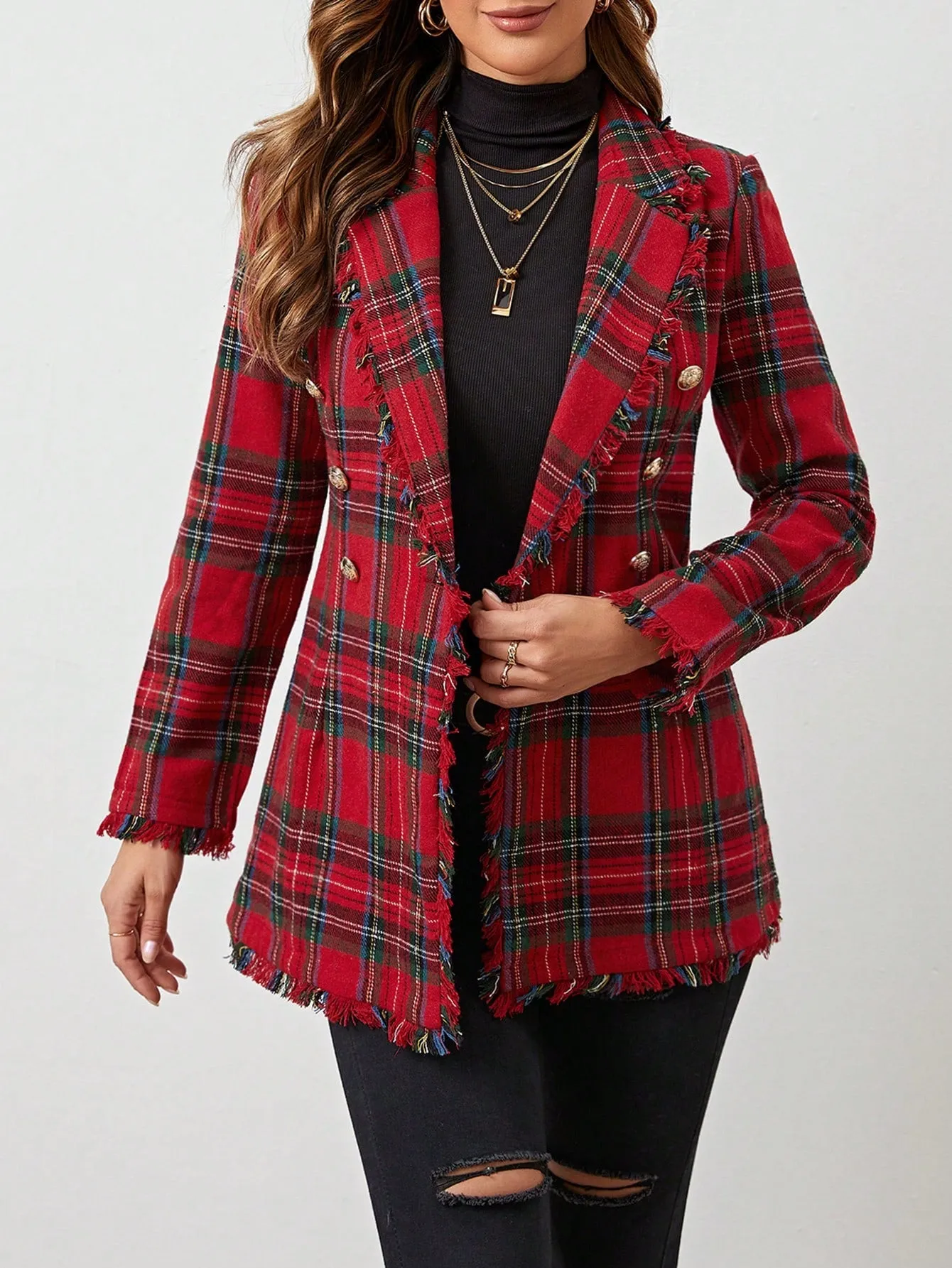 LUNE Lapel Collar Fringe Trim Tartan Blazer