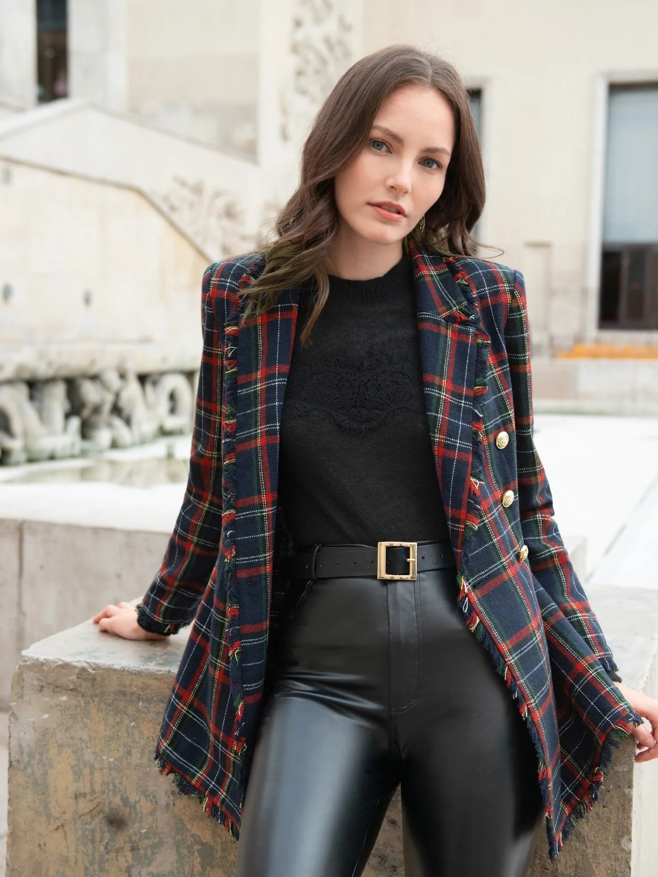 LUNE Lapel Collar Fringe Trim Tartan Blazer