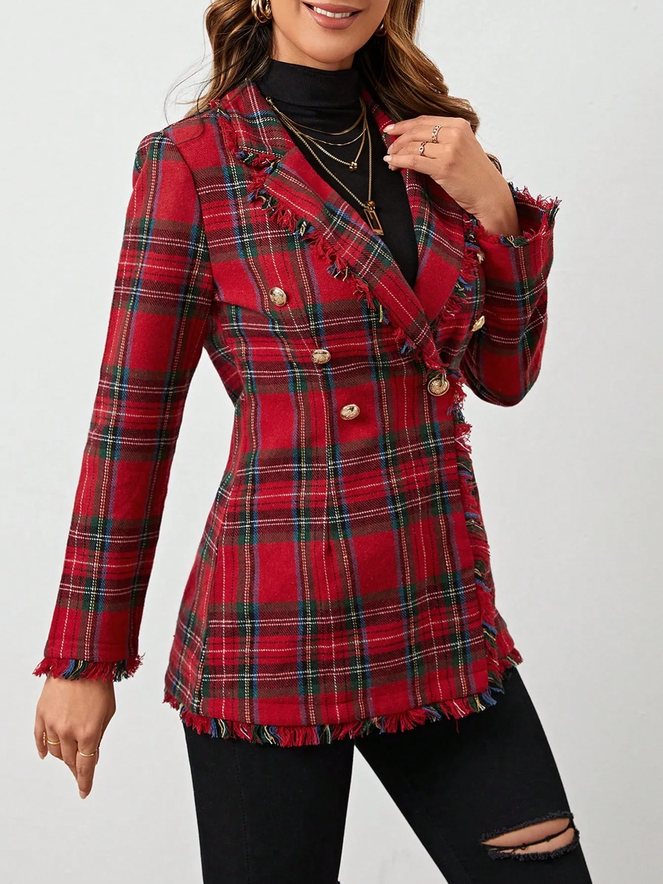 LUNE Lapel Collar Fringe Trim Tartan Blazer