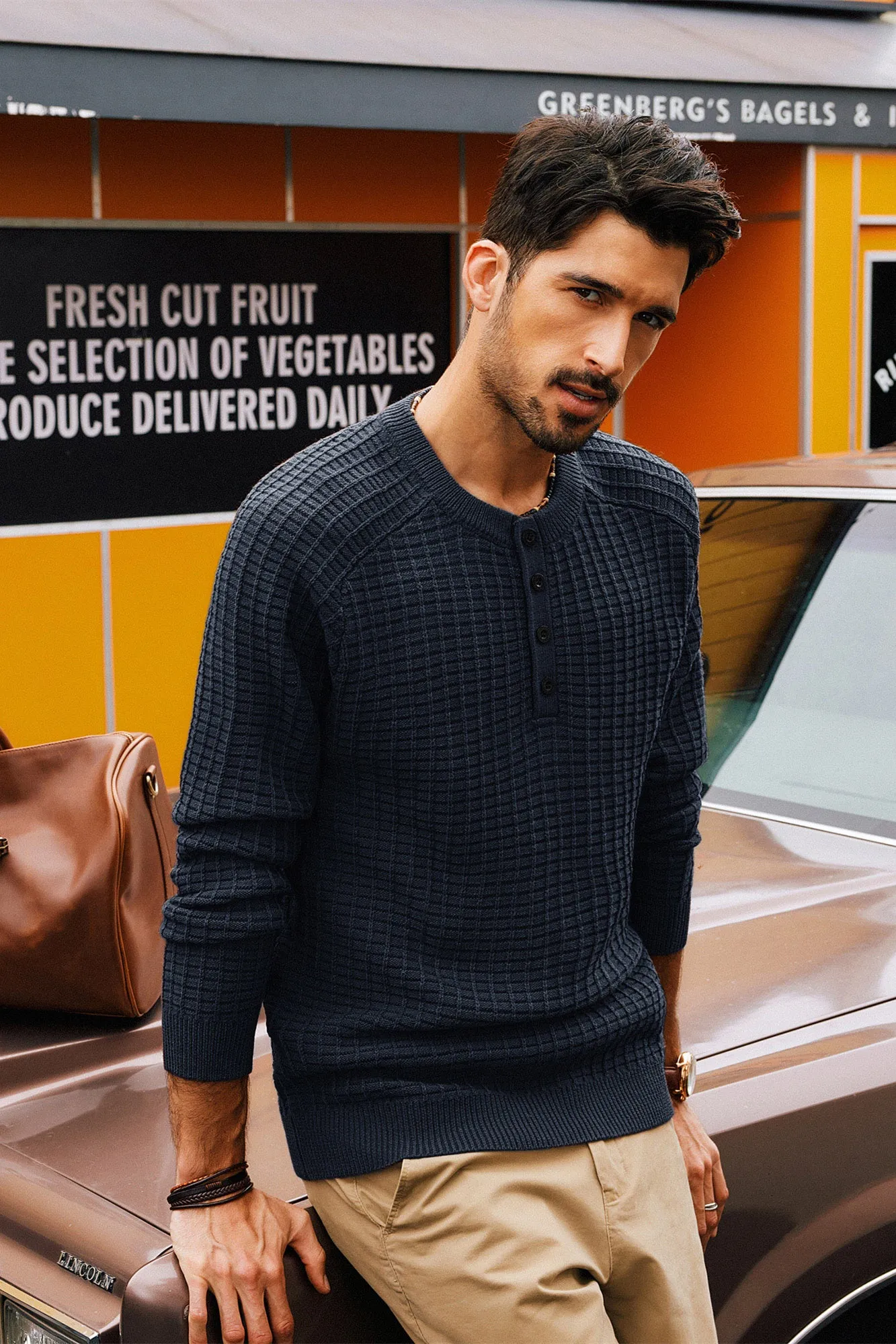 Men Stylish Textured Sweater Long Raglan Sleeve Button-up Neck Pullover