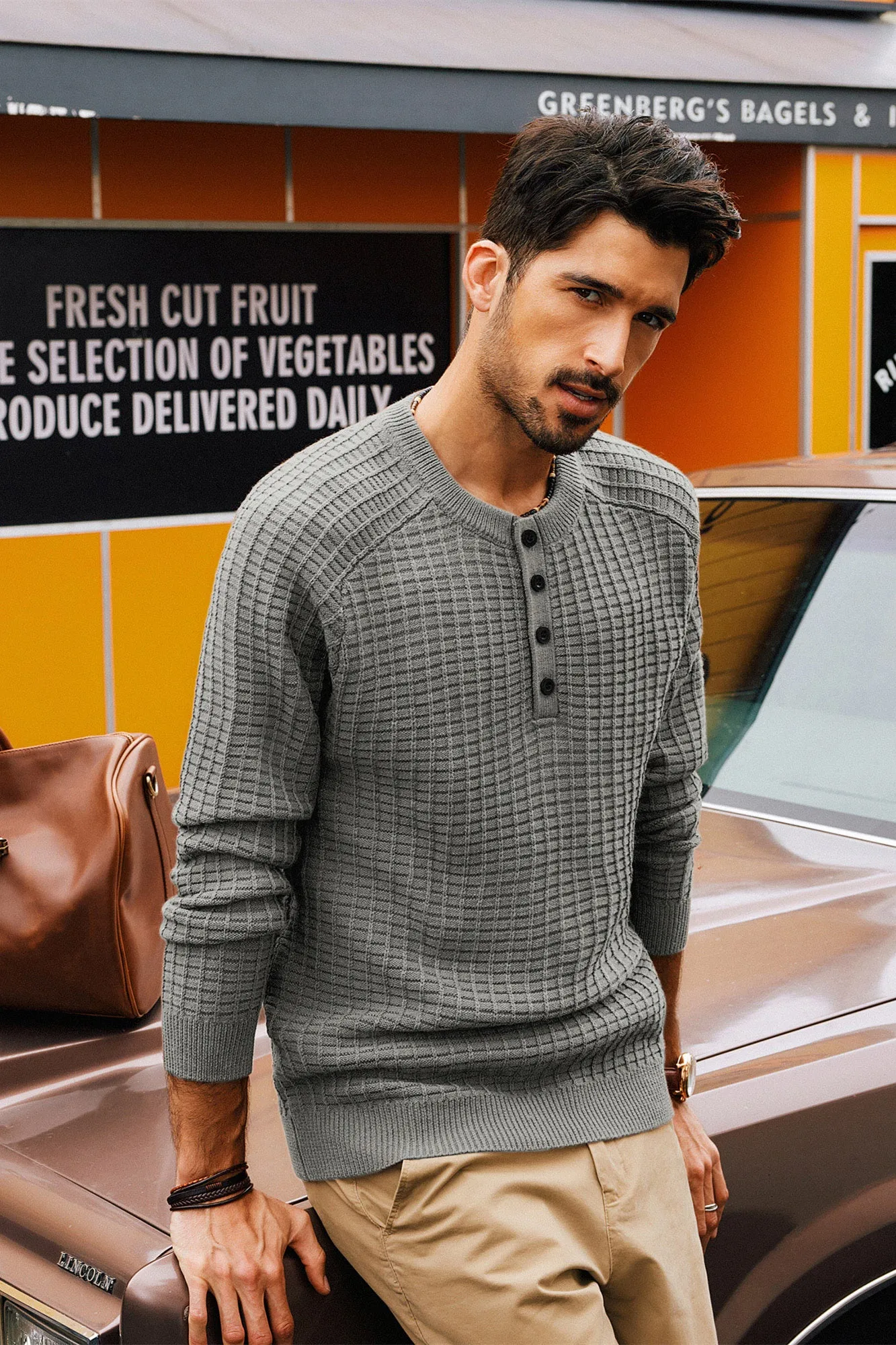 Men Stylish Textured Sweater Long Raglan Sleeve Button-up Neck Pullover