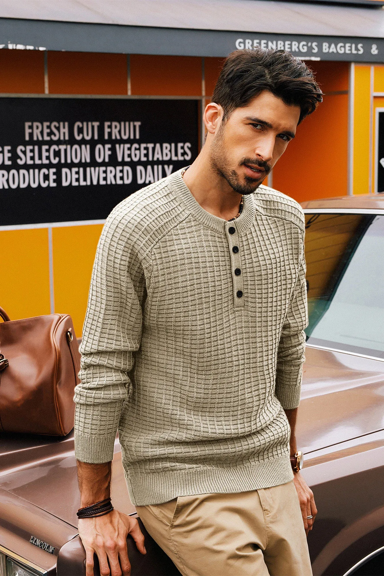 Men Stylish Textured Sweater Long Raglan Sleeve Button-up Neck Pullover