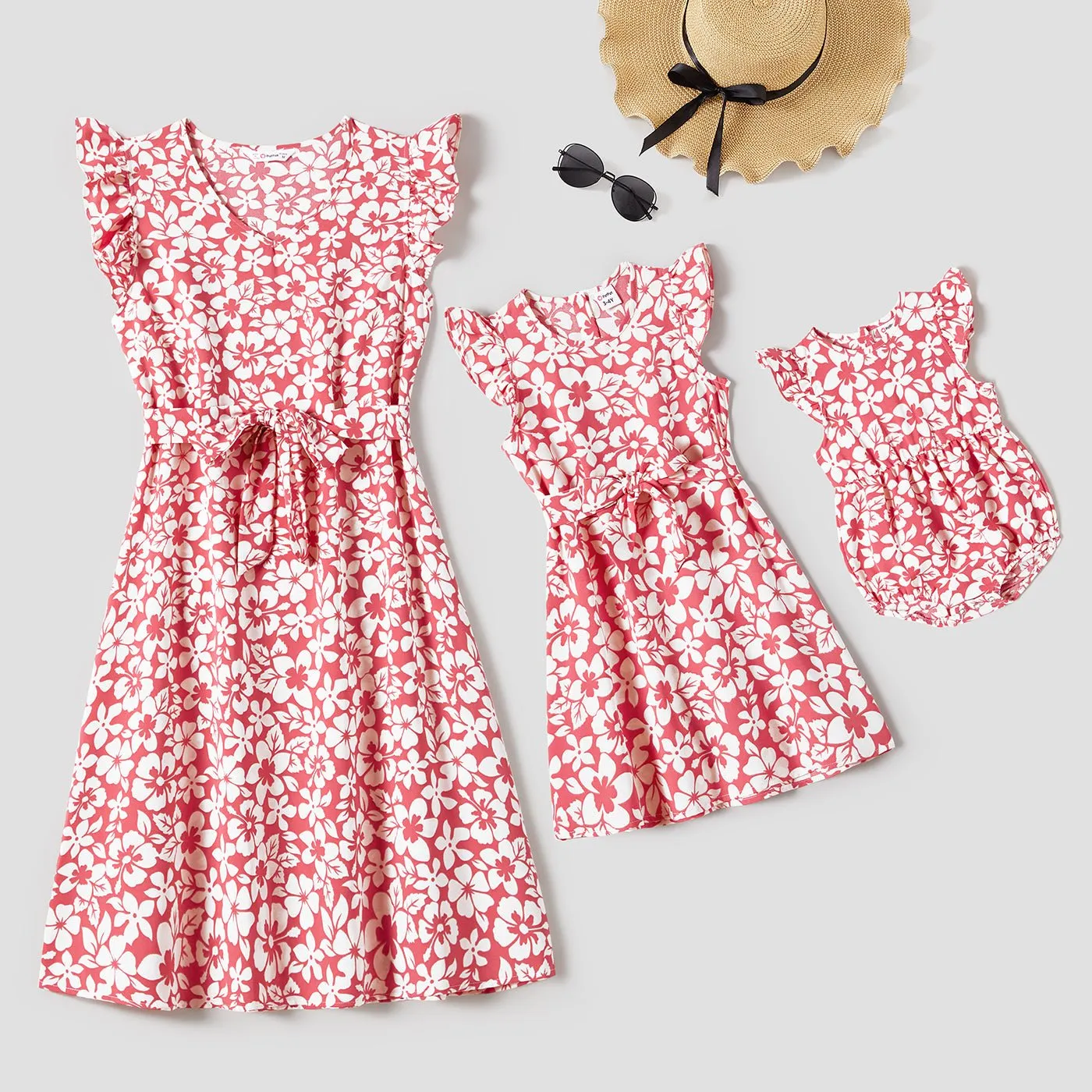 Mommy and Me Allover Floral Print Flutter-sleeve Belted Dresses