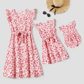 Mommy and Me Allover Floral Print Flutter-sleeve Belted Dresses