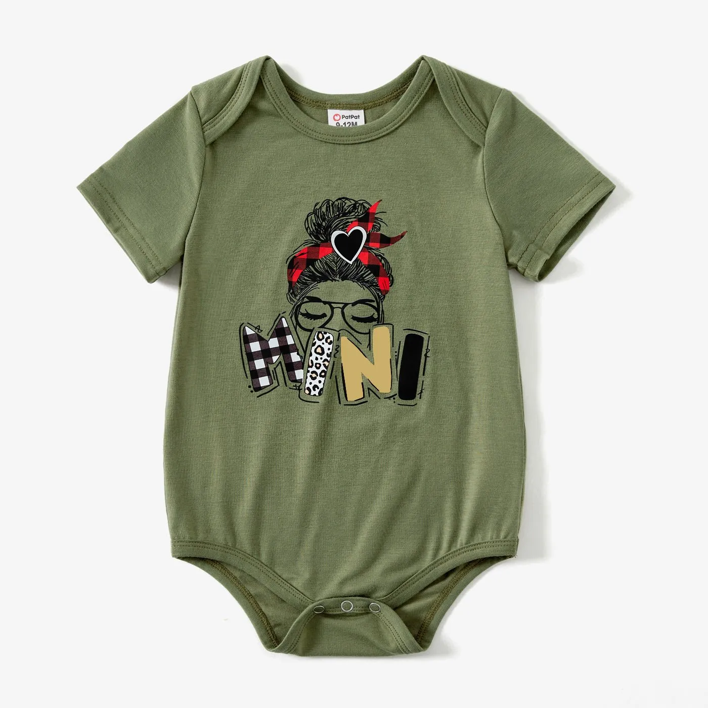 Mommy and Me Characters Letter Print Army Green Short-sleeve Twist Knot T-shirt Dress for Mom and Me