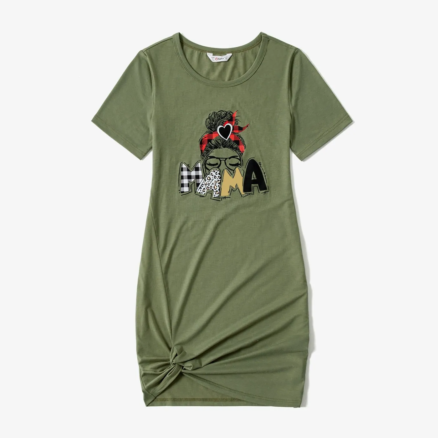 Mommy and Me Characters Letter Print Army Green Short-sleeve Twist Knot T-shirt Dress for Mom and Me