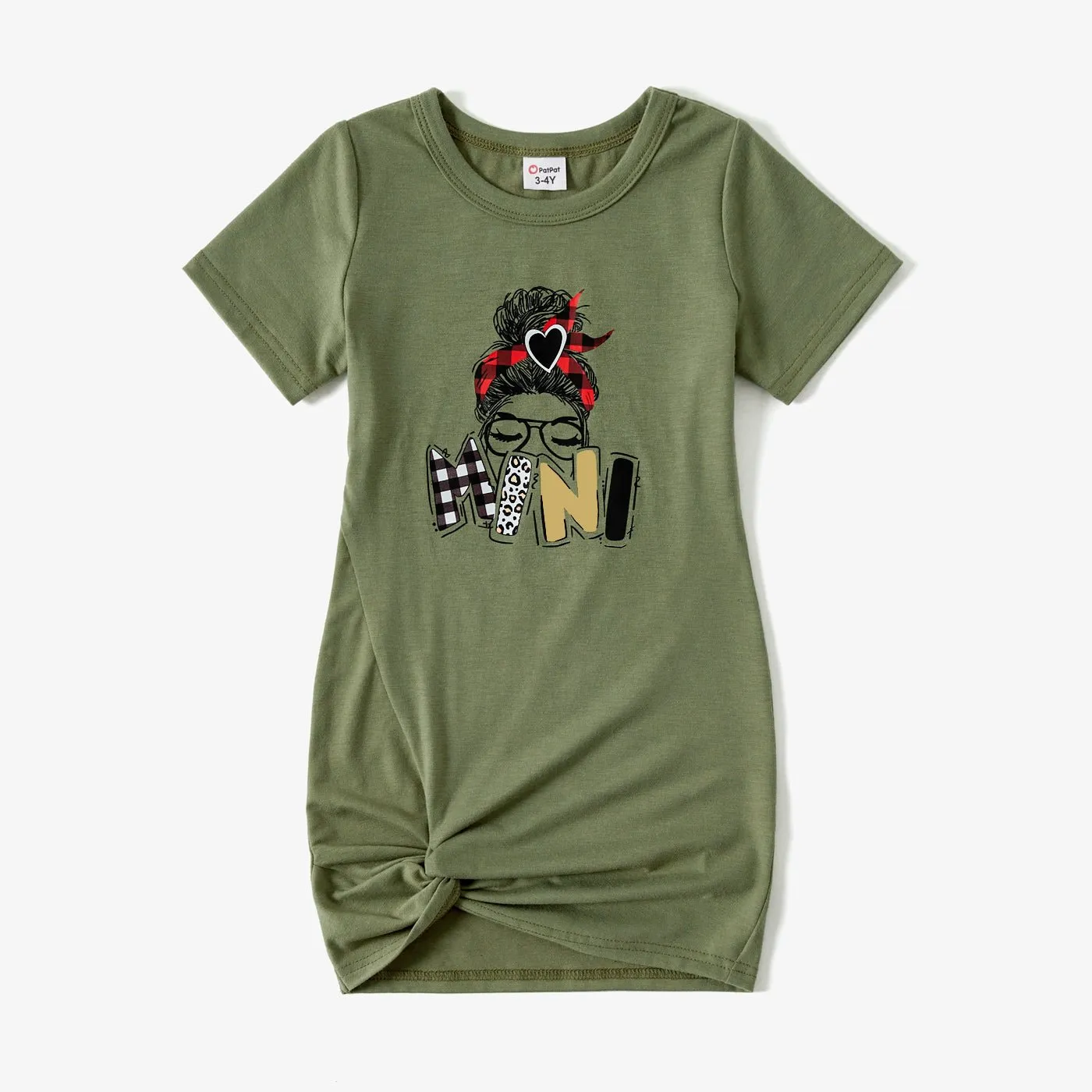 Mommy and Me Characters Letter Print Army Green Short-sleeve Twist Knot T-shirt Dress for Mom and Me