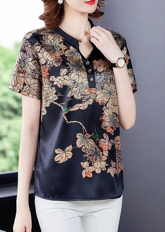 Navy Silk V Neck Cozy Tops Short Sleeve LY5189