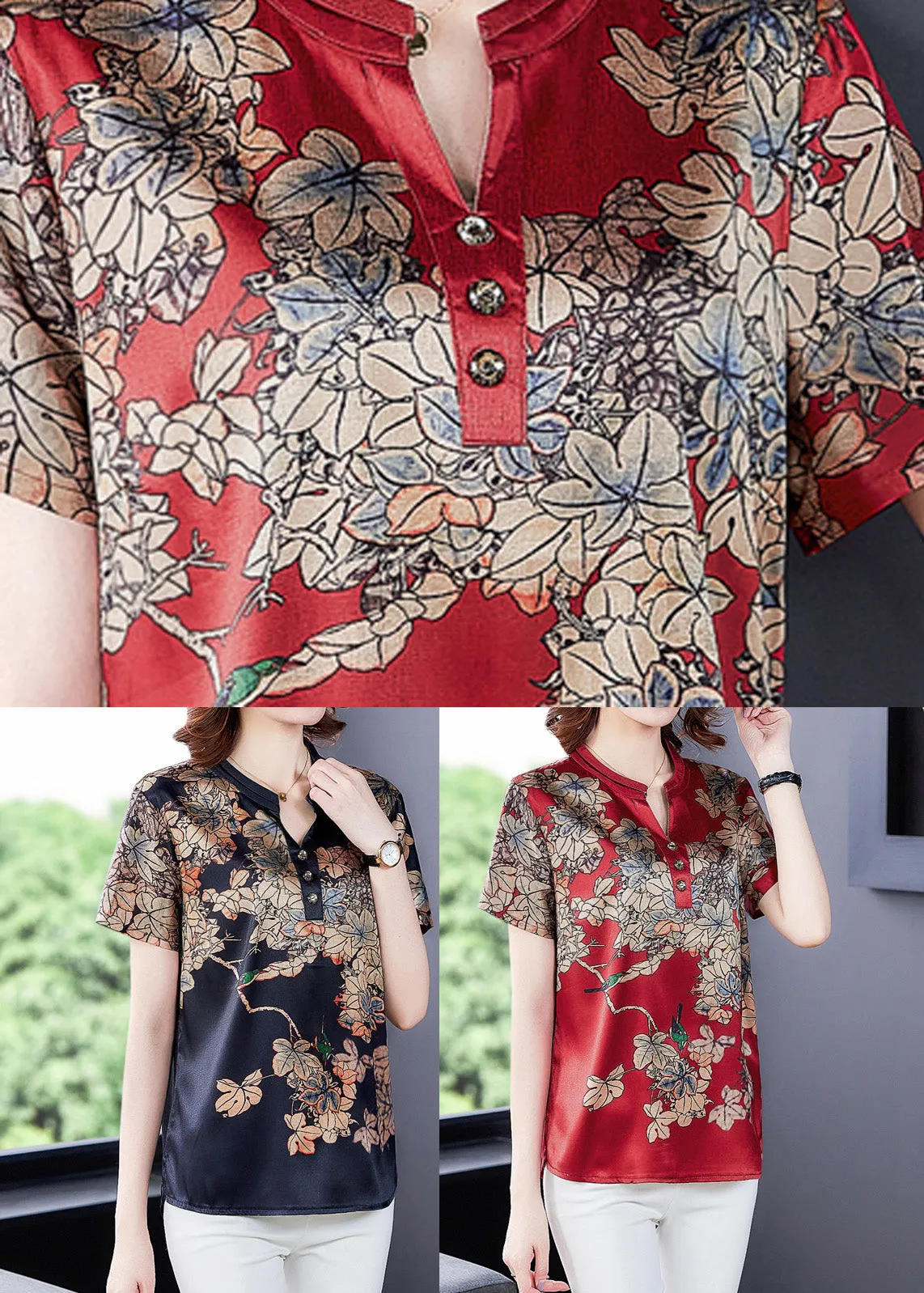 Navy Silk V Neck Cozy Tops Short Sleeve LY5189