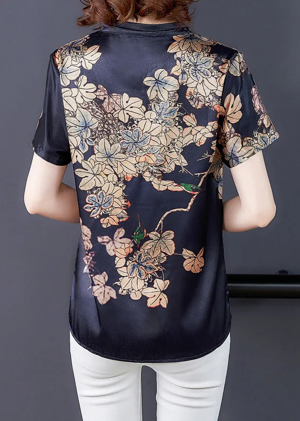 Navy Silk V Neck Cozy Tops Short Sleeve LY5189