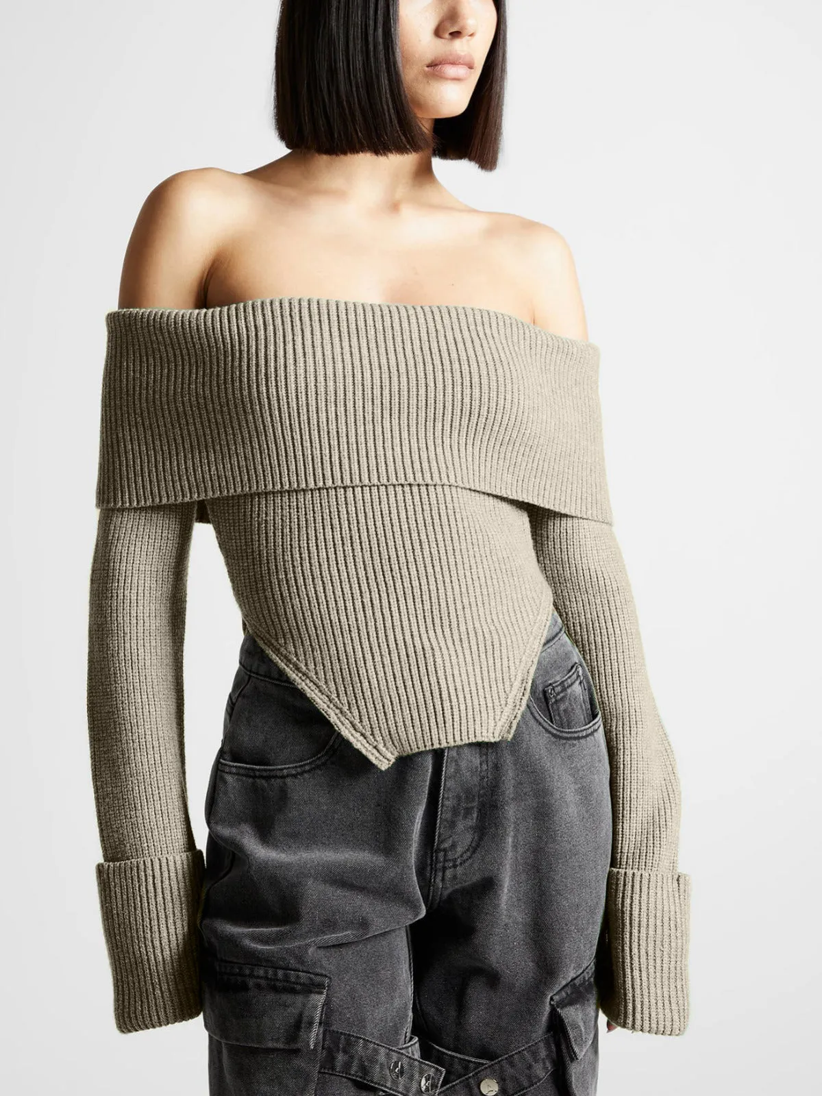 Off Shoulder Overfold Trendy Ribbed Knit Sweater