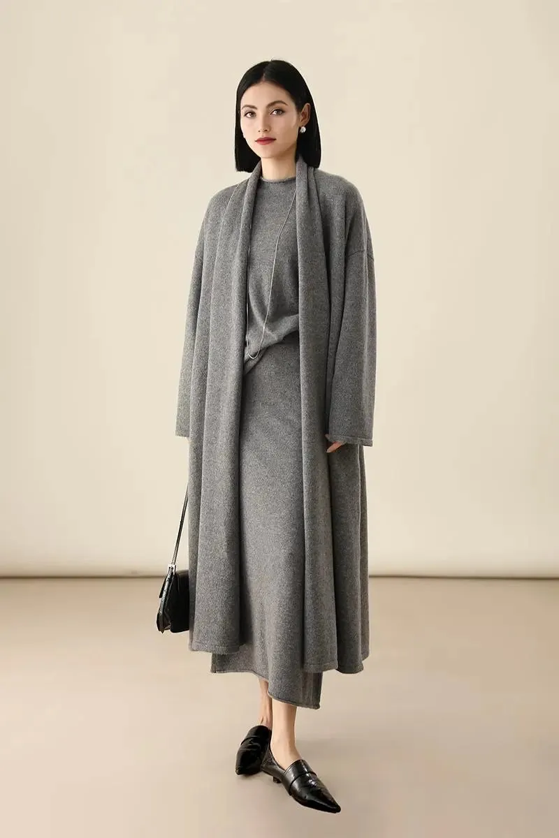 Open-Front Shawl Collar Cashmere Duster Cardigan With Rolled Hem