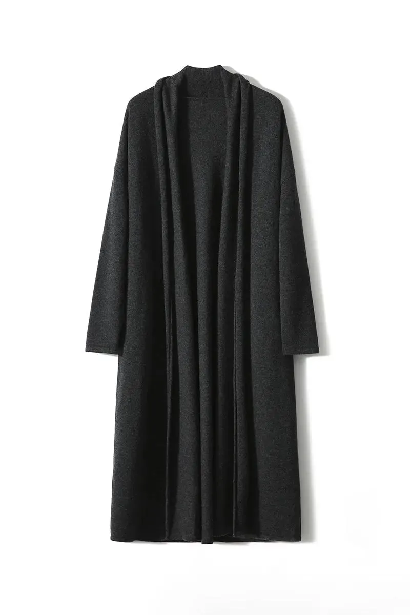 Open-Front Shawl Collar Cashmere Duster Cardigan With Rolled Hem