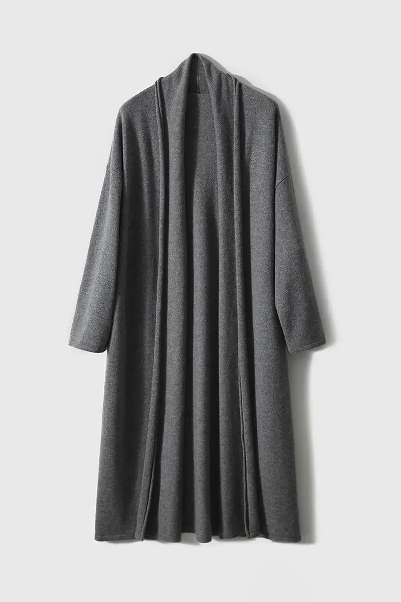 Open-Front Shawl Collar Cashmere Duster Cardigan With Rolled Hem