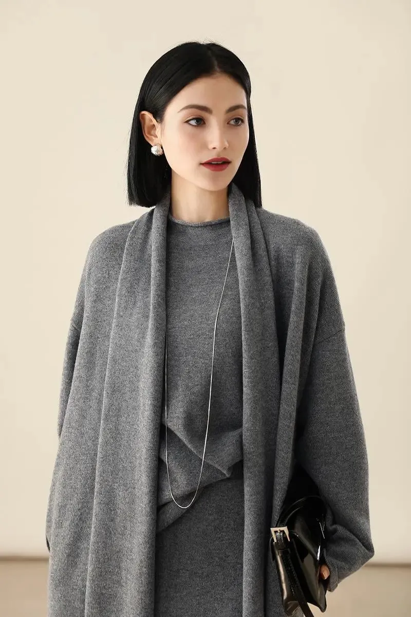 Open-Front Shawl Collar Cashmere Duster Cardigan With Rolled Hem