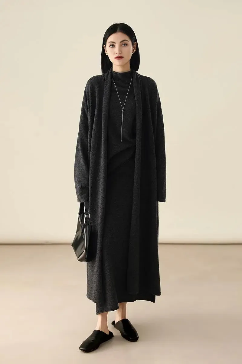 Open-Front Shawl Collar Cashmere Duster Cardigan With Rolled Hem