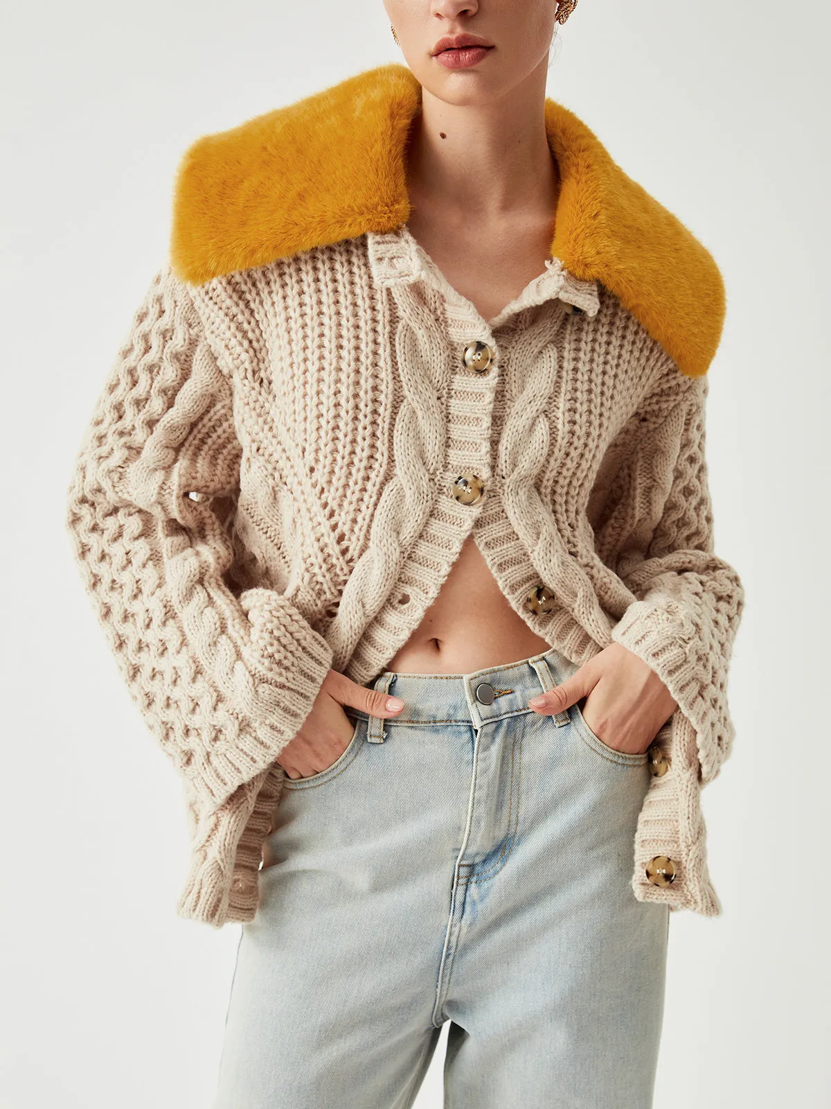 Patchwork Fuzzy Collar Trendy Oversized Knit Cardigan