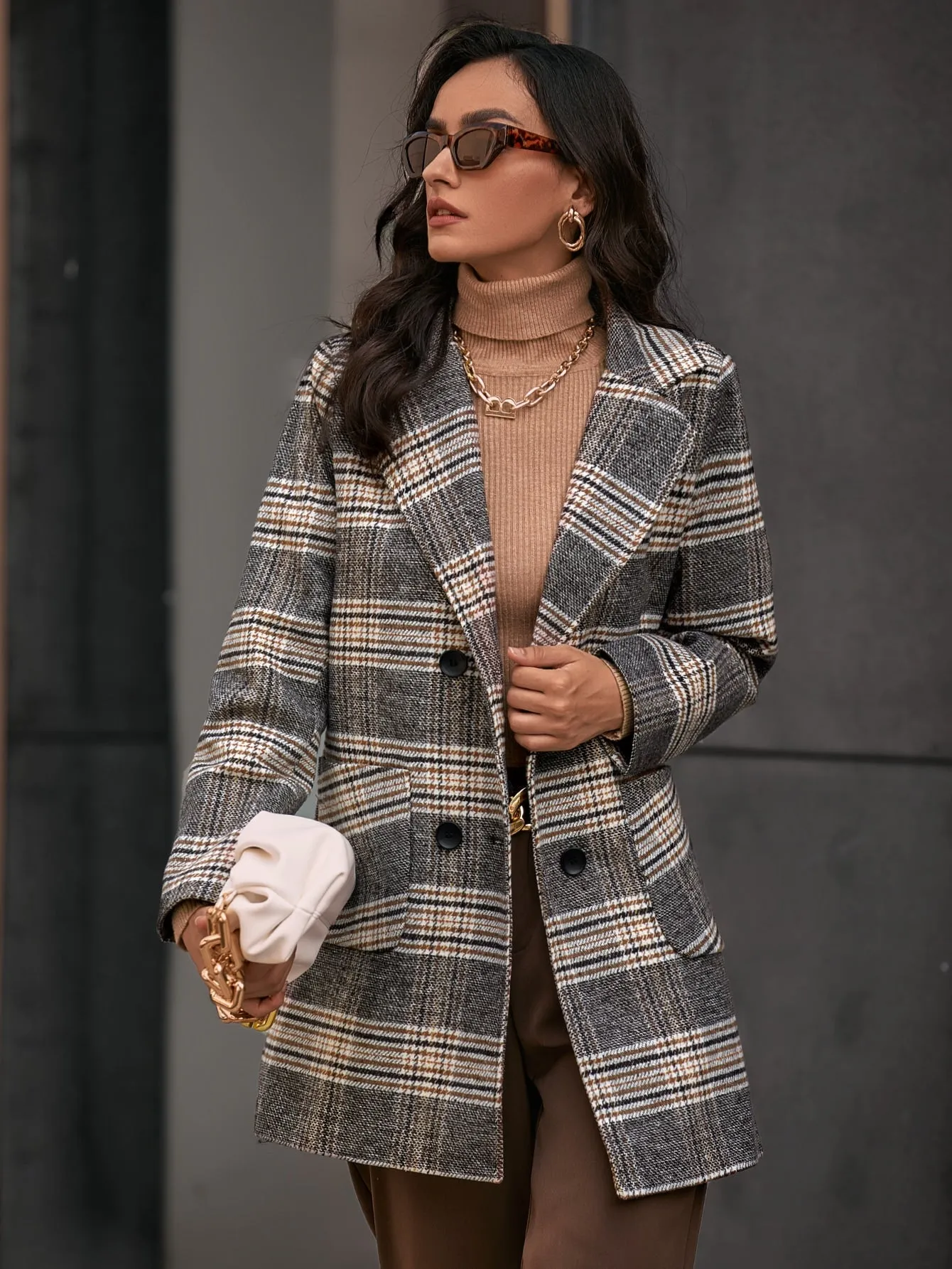 Plaid Pattern Lapel Neck Double Breasted Patched Pocket Overcoat