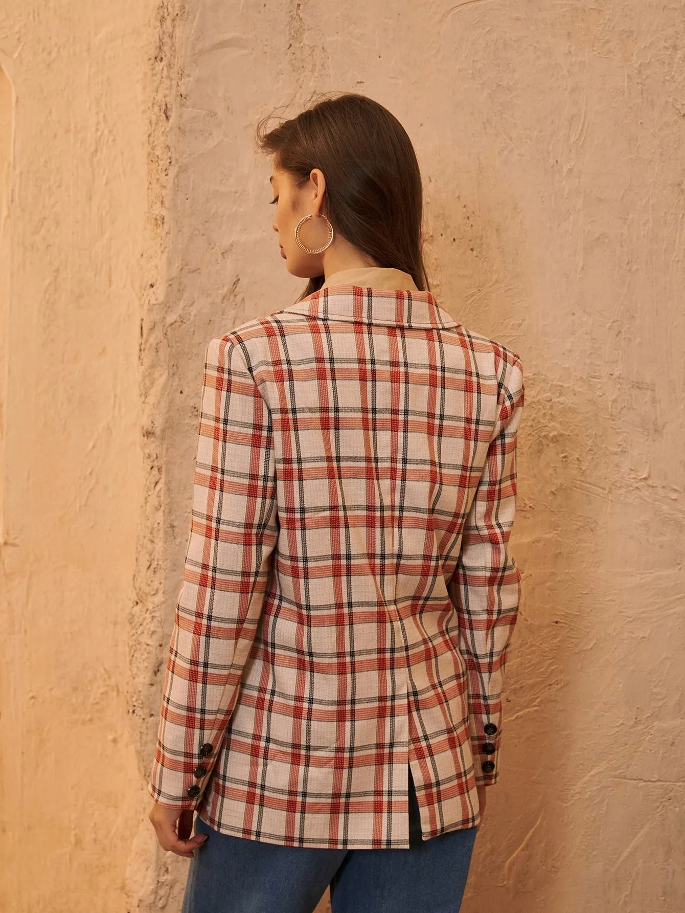 Preppy Plaid Button Front Long Sleeve Lapel Slit Long Women Blazer