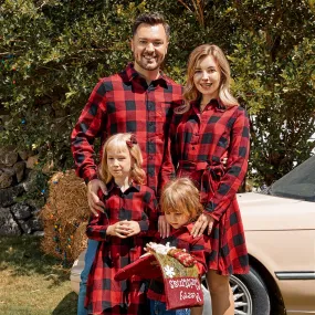 Red and Black Plaid Print Family Matching Sets£¨Lapel Long-sleeve Belted Dresses and Shirts£©