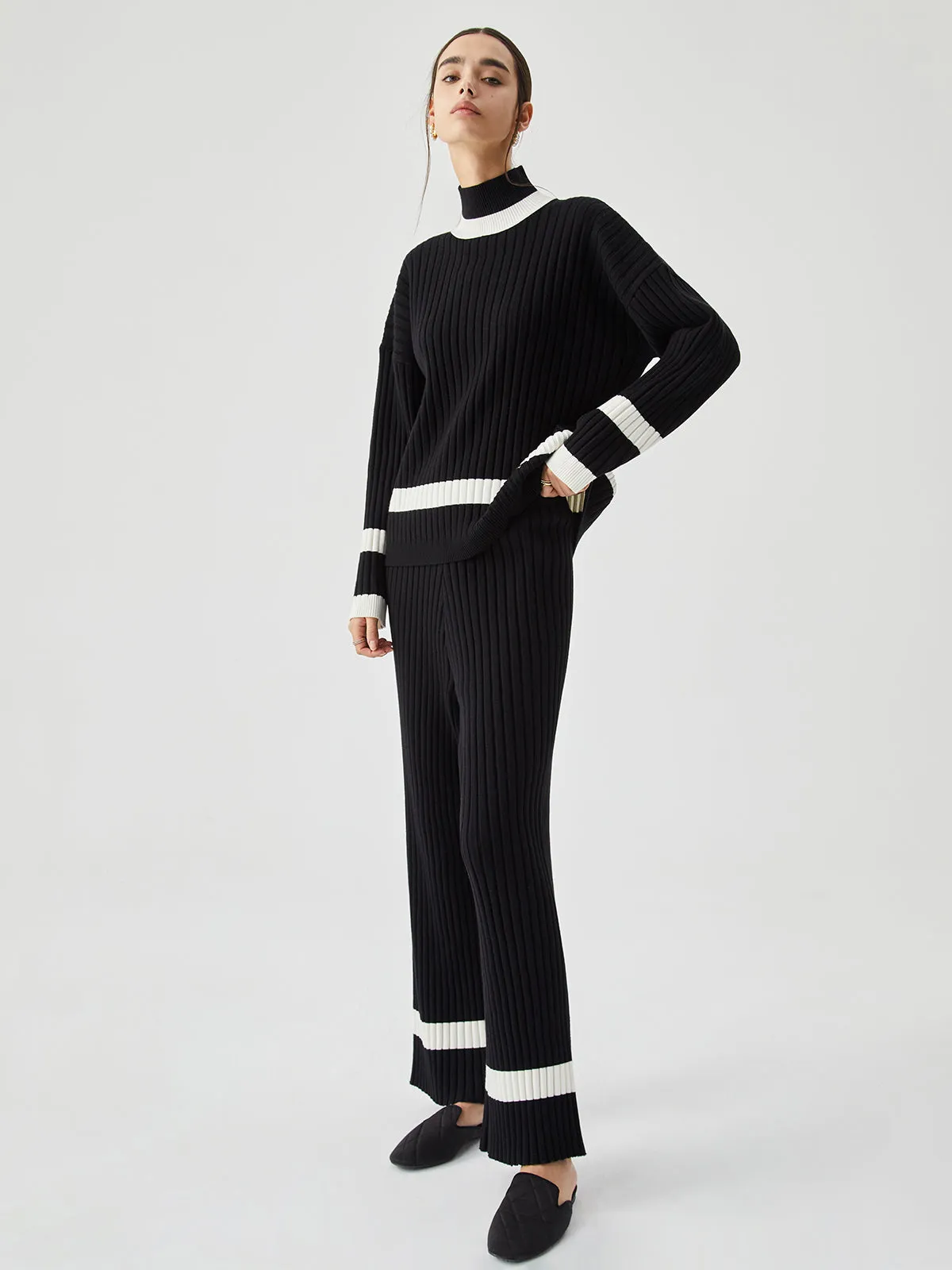 Ribbed Knit Contrast Trendy Trim Sweater Pants