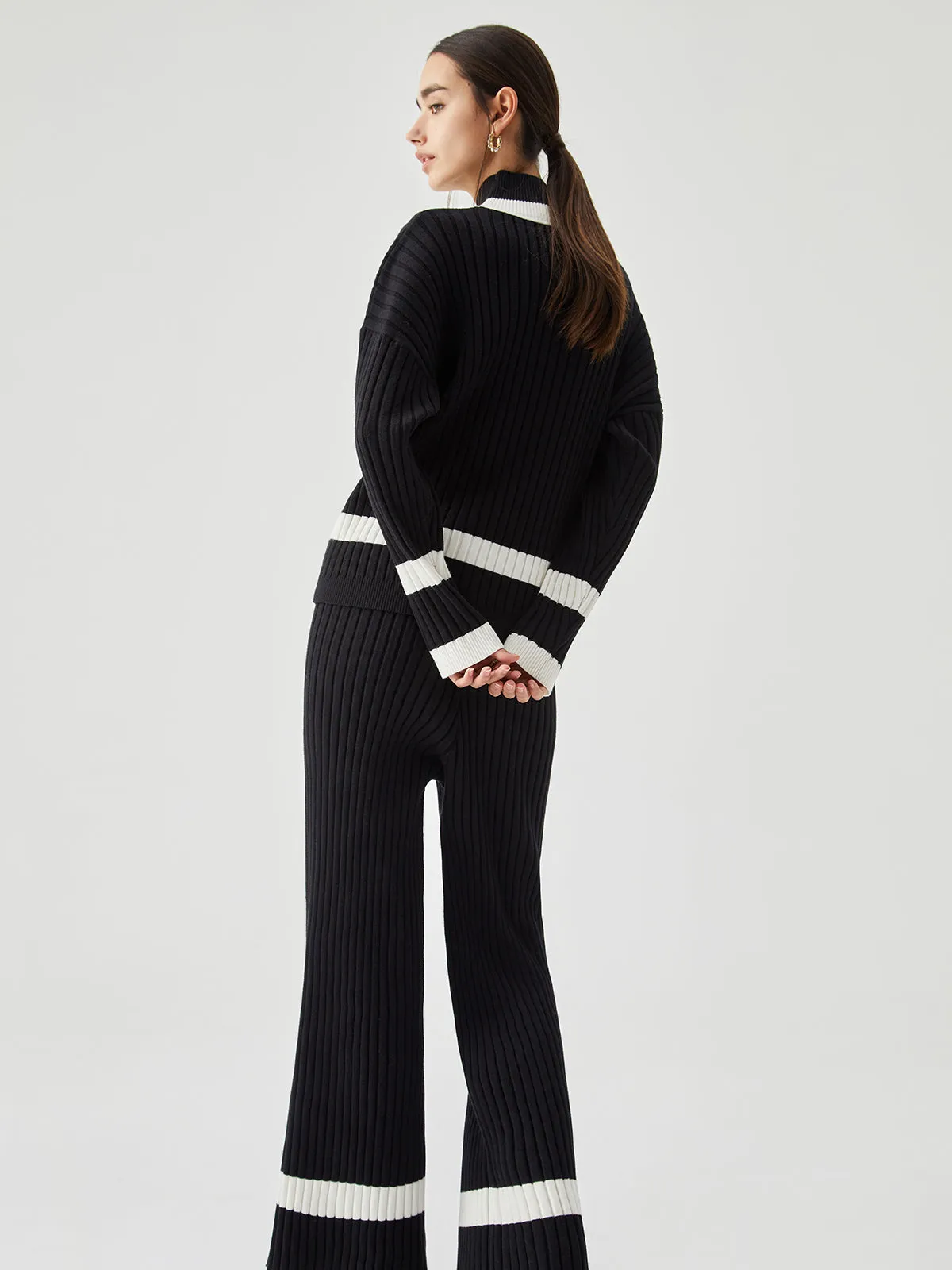 Ribbed Knit Contrast Trendy Trim Sweater Pants