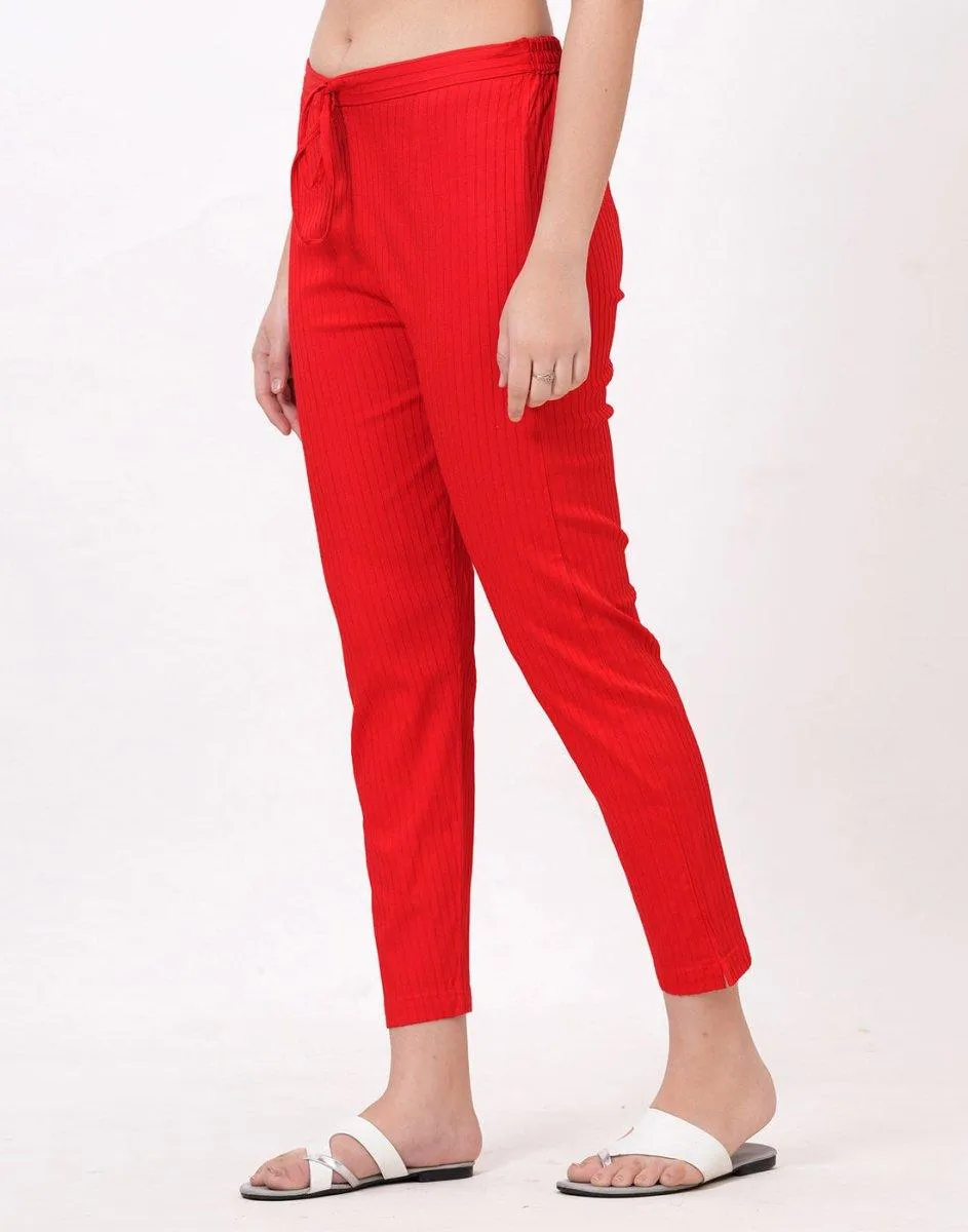 Satrangi Women's Red Viscose Ribbed Lycra Trouser