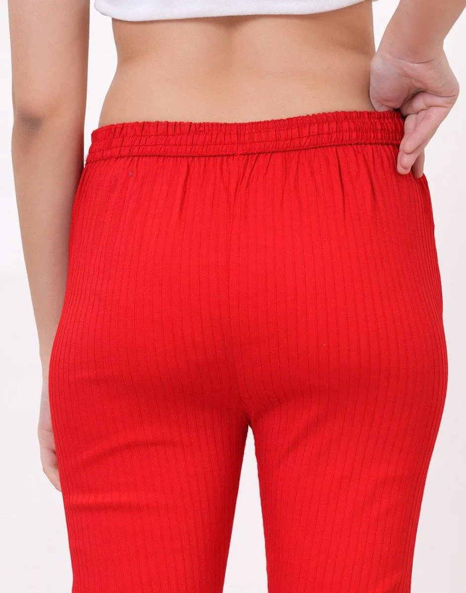 Satrangi Women's Red Viscose Ribbed Lycra Trouser