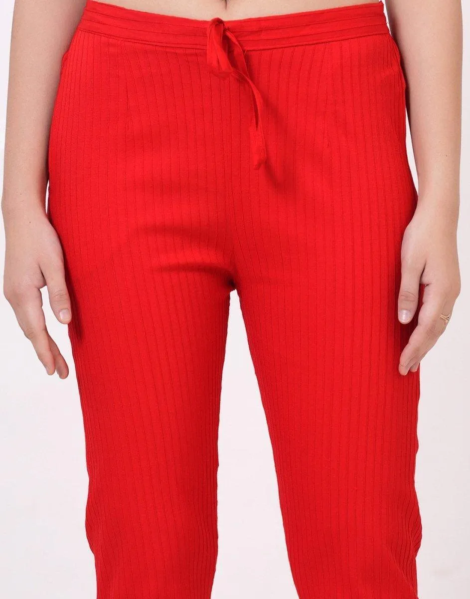 Satrangi Women's Red Viscose Ribbed Lycra Trouser