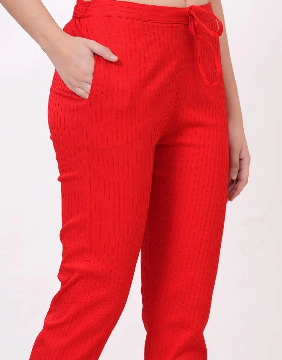 Satrangi Women's Red Viscose Ribbed Lycra Trouser