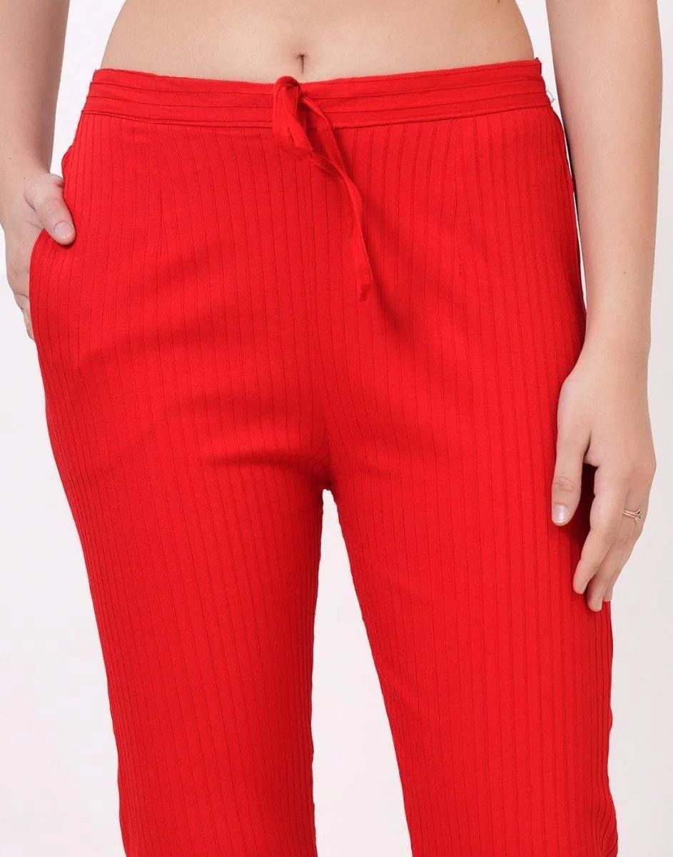 Satrangi Women's Red Viscose Ribbed Lycra Trouser