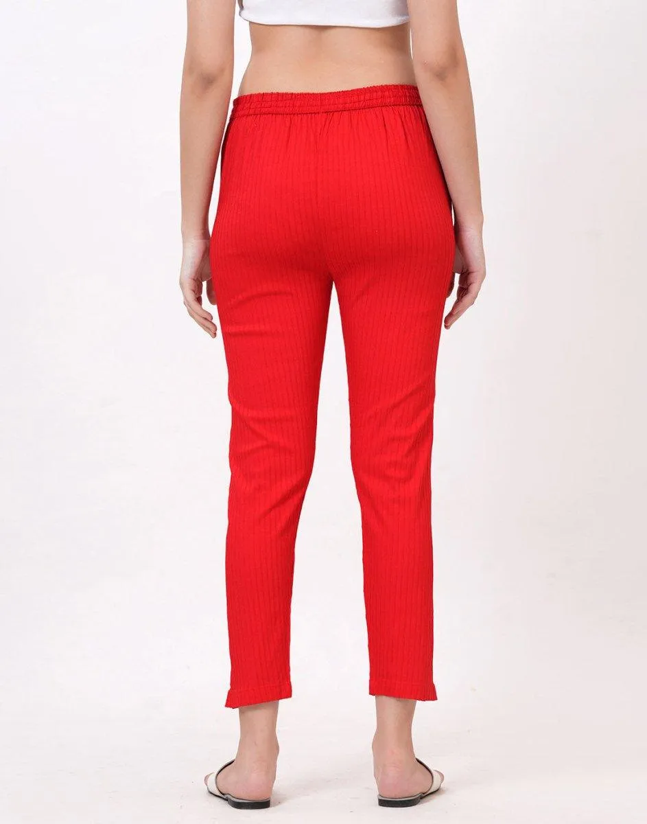 Satrangi Women's Red Viscose Ribbed Lycra Trouser