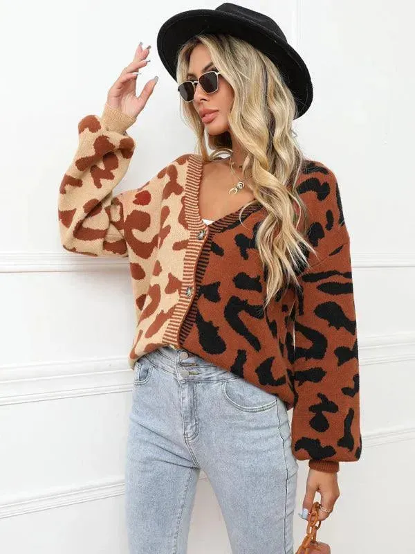 Street Style  Leopard Print Oversized Knit Cardigan Sweater