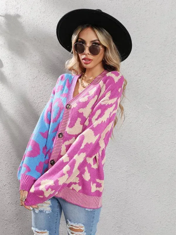 Street Style  Leopard Print Oversized Knit Cardigan Sweater