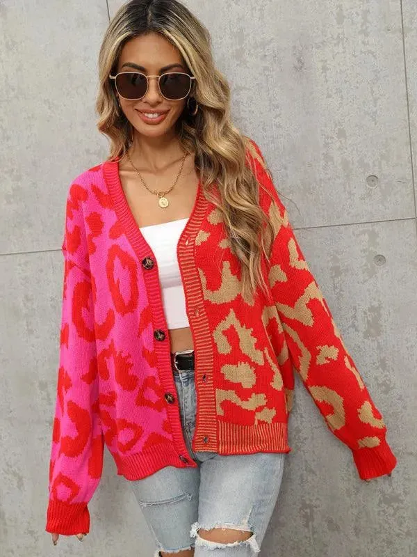 Street Style  Leopard Print Oversized Knit Cardigan Sweater