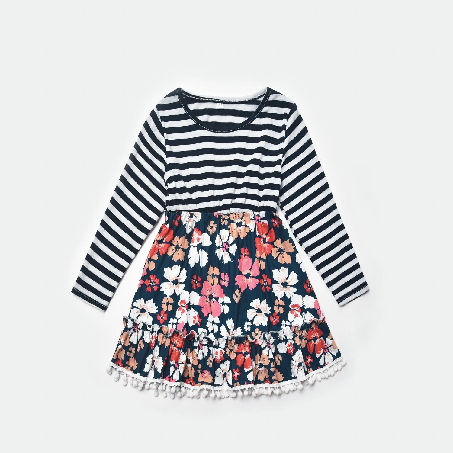 Striped Long-sleeve Splicing Floral Mom & Me Dresses