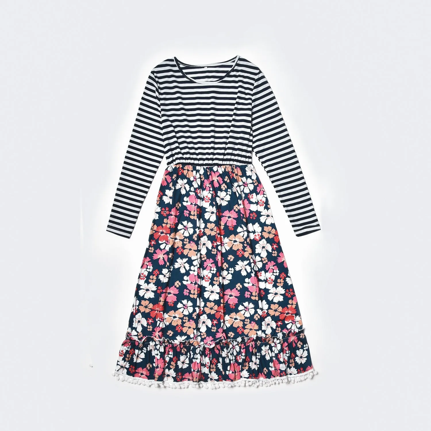 Striped Long-sleeve Splicing Floral Mom & Me Dresses