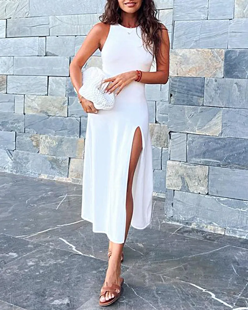 Summer A-Line Knitted Midi Dress Women Sleeveless Solid Sexy Long Dress