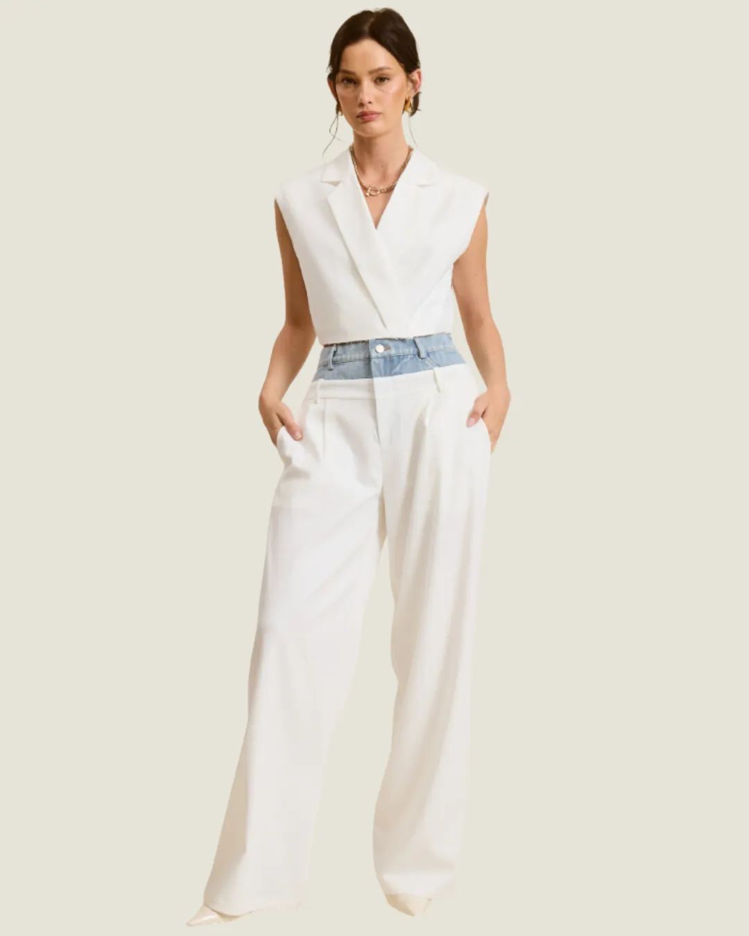 The Billie: Jean Peek-A-Boo Contrast White Trousers