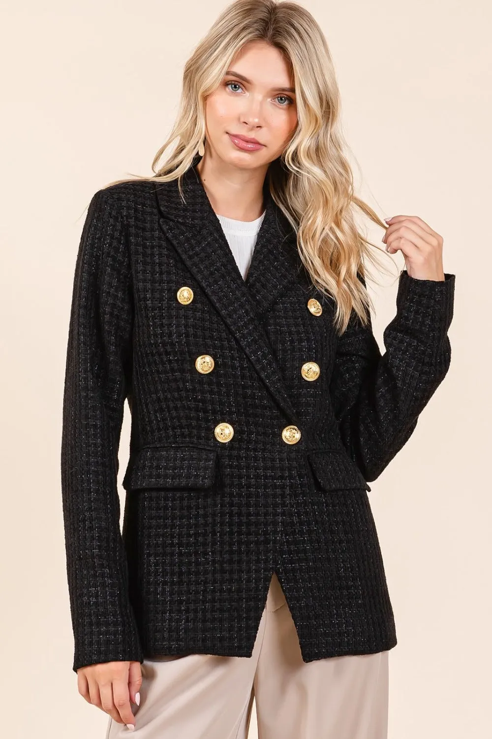 Vendela Plaid Texture Double-Breasted Long Sleeve Blazer