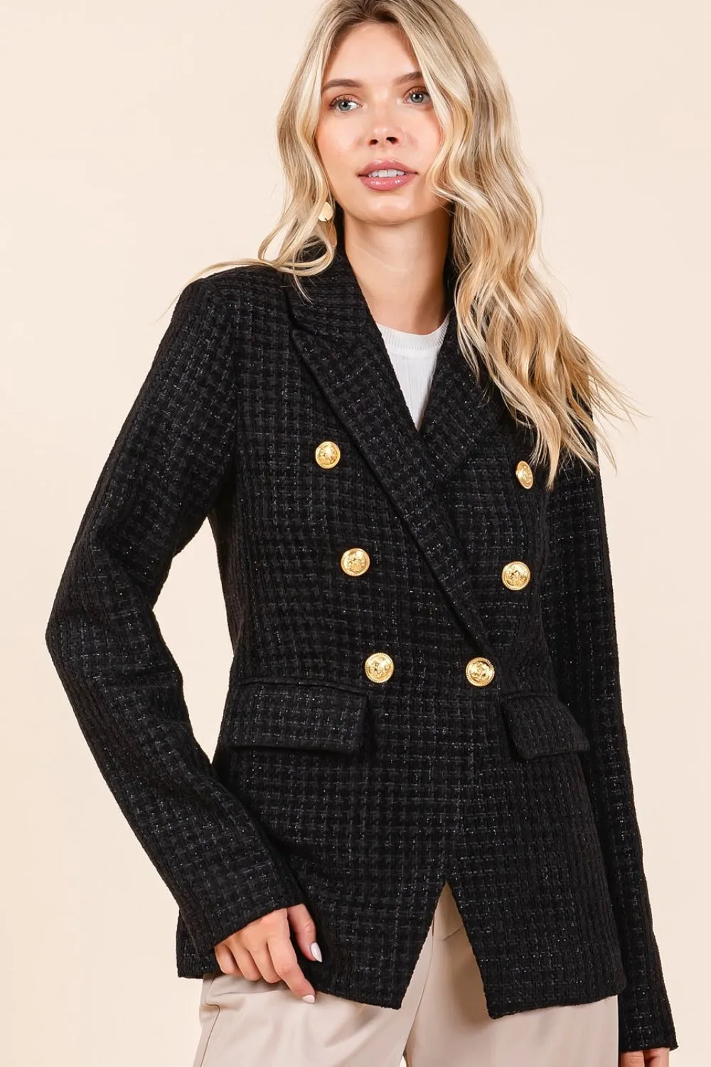 Vendela Plaid Texture Double-Breasted Long Sleeve Blazer