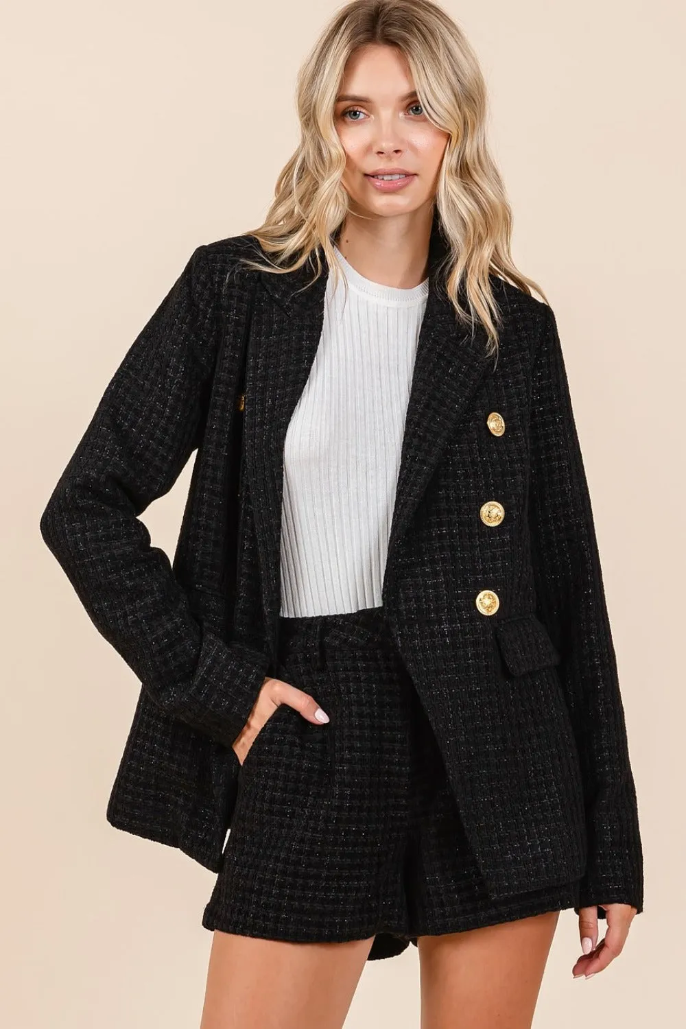 Vendela Plaid Texture Double-Breasted Long Sleeve Blazer